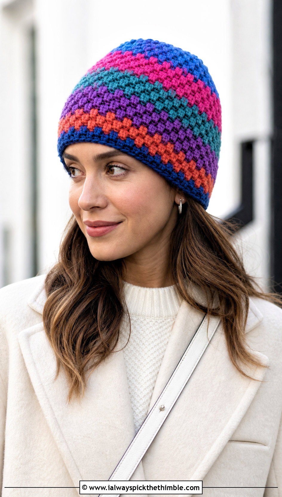 Multicolor Moss Stitch Beanie With Monochrome Outfit - 20 Crochet Moss Stitch Beanie outfit ideas