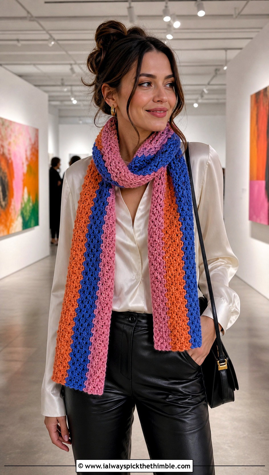 Multicolor Moss Stitch Crochet Scarf With Satin Blouse And Leather Pants - 20 Moss Stitch Crochet Scarf outfit ideas