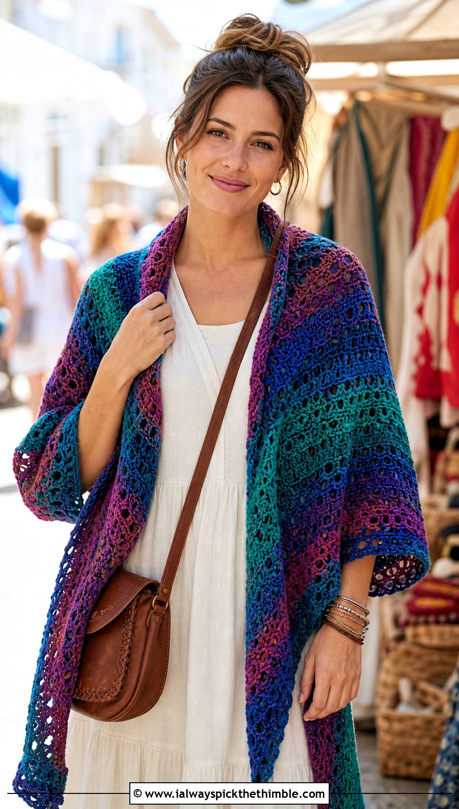 Multicolor Never Ending Crochet Shawl With A Maxi Dress - 15 Never Ending Crochet Shawl outfit ideas