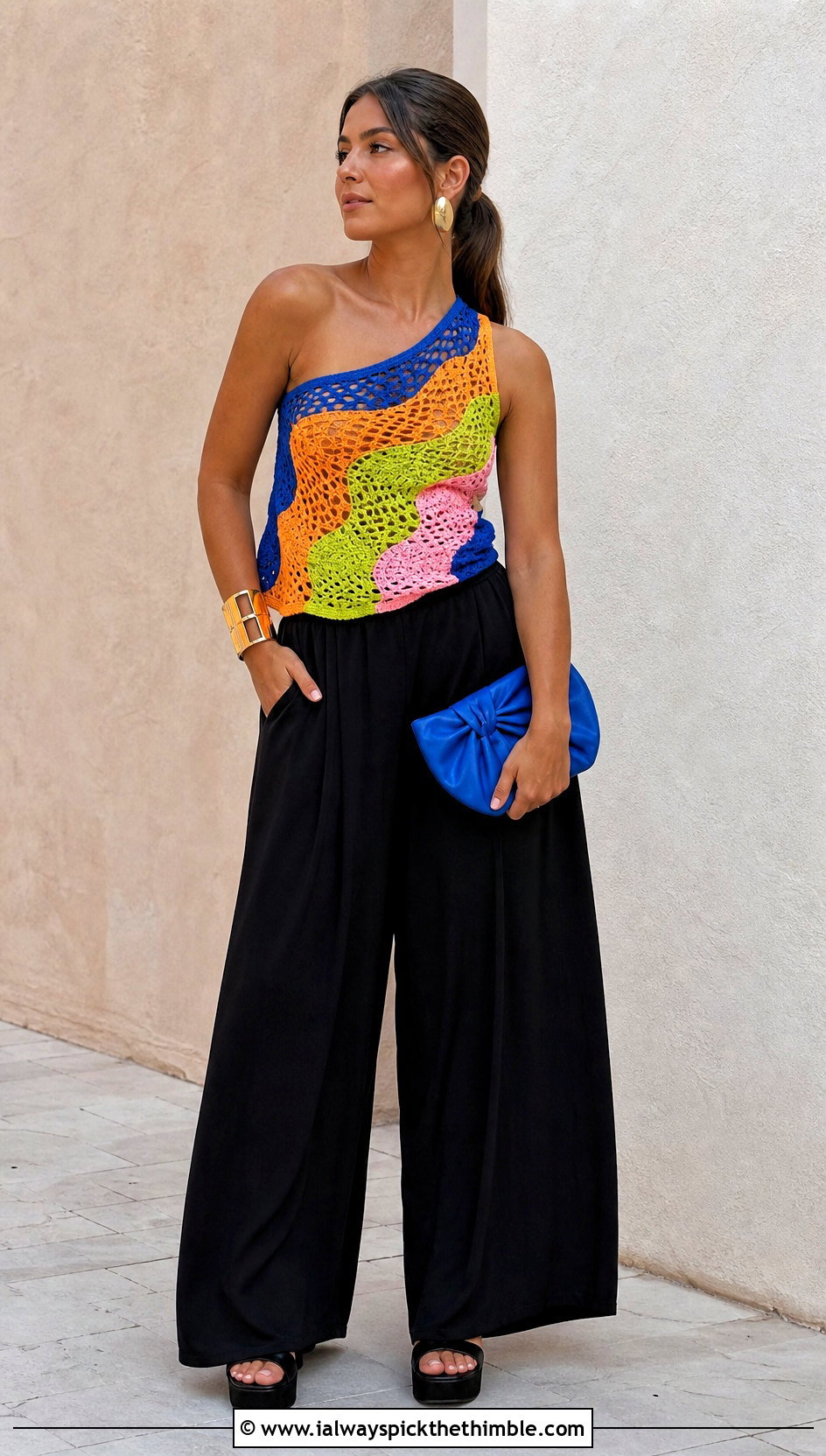 Multicolor One Shoulder Crochet Top With Palazzo Pants - 25 multicolor crochet top outfit ideas