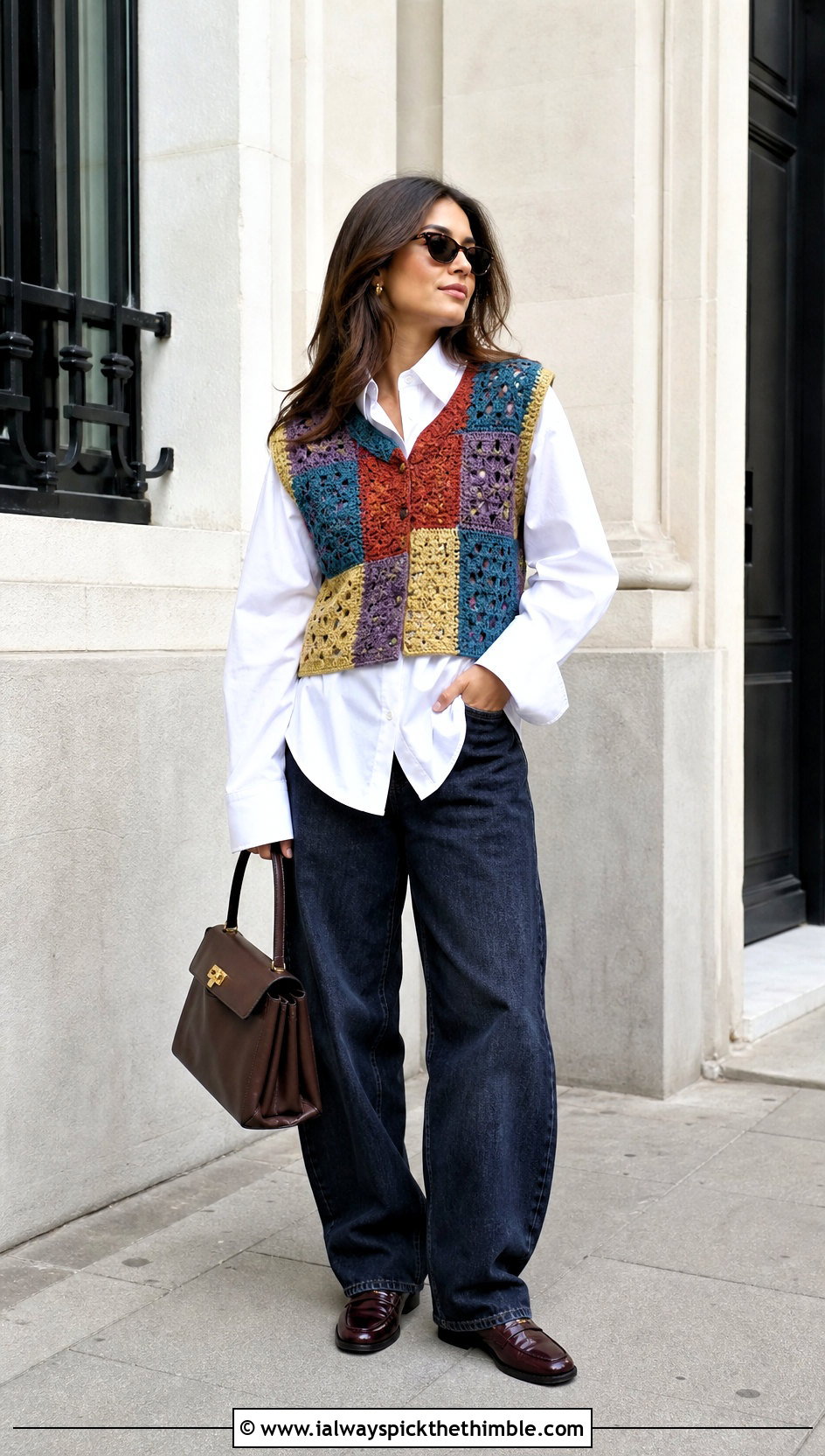 Multicolor Patchwork Crochet Vest Top With White Shirt And Barrel Jeans - 20 multi color crochet top outfit ideas