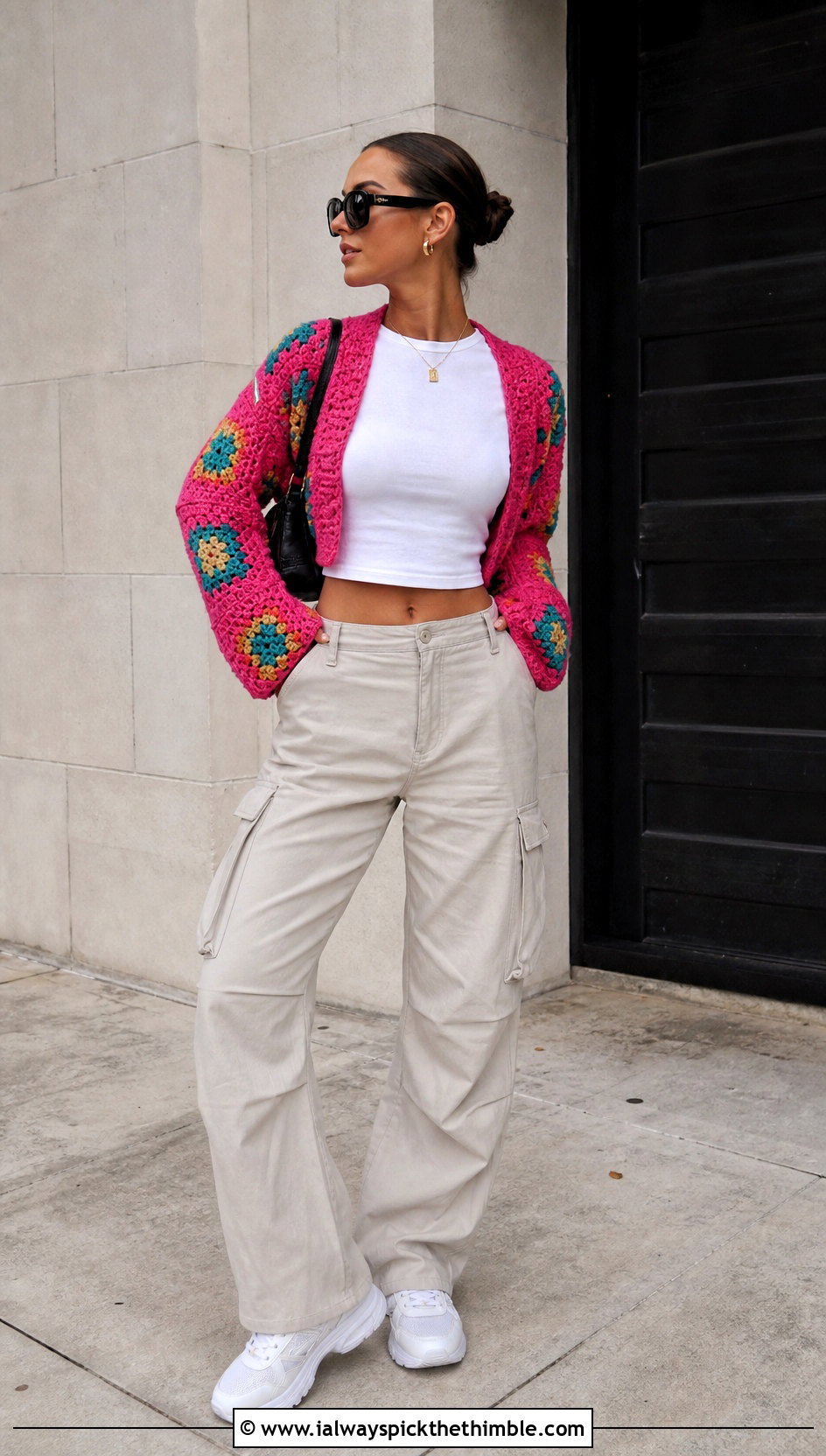 Multicolor Patchwork Granny Shrug With Cargo Pants - 20 Crochet Granny Shrug outfit ideas