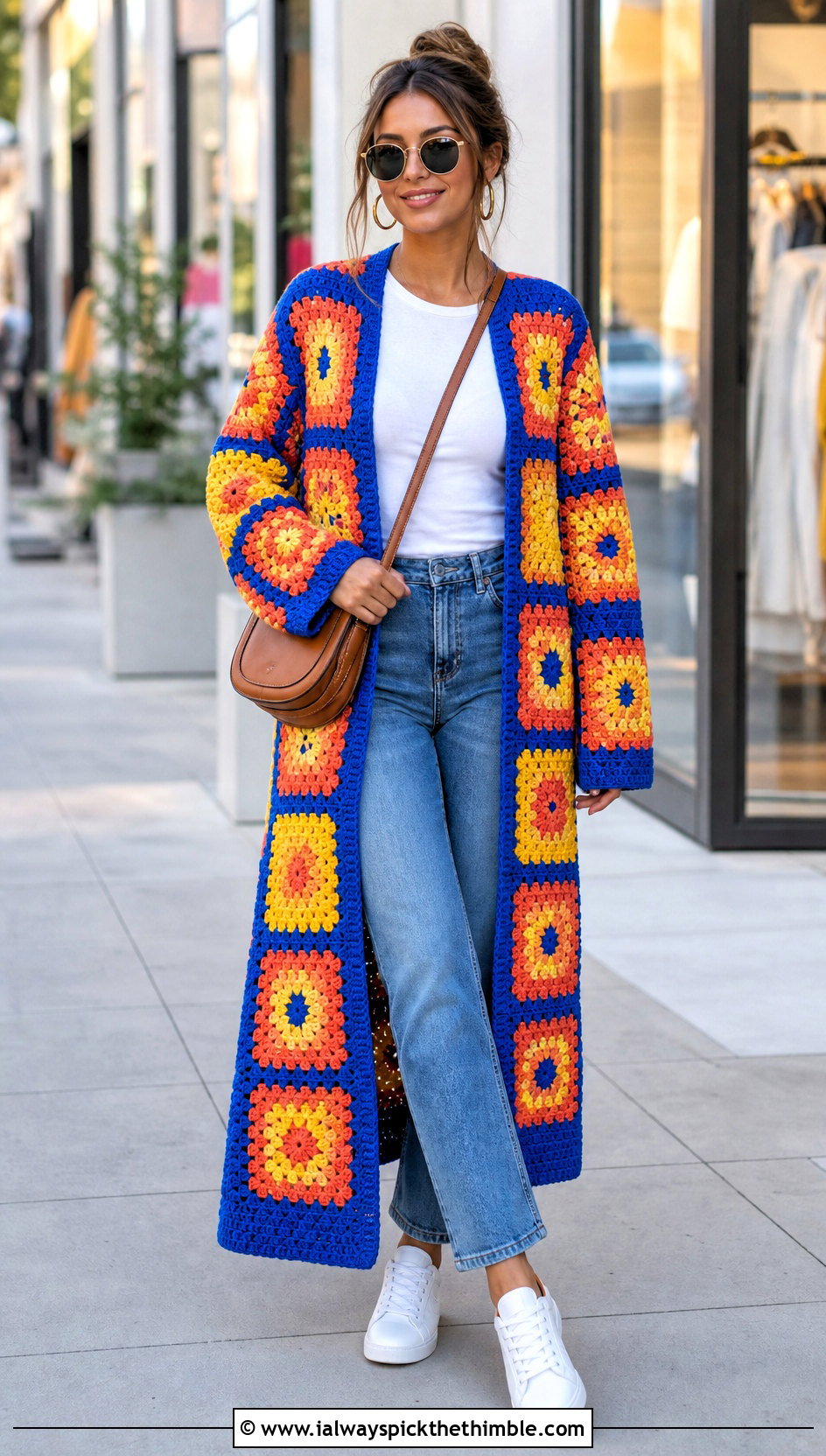 Multicolor Patchwork Granny Square Long Cardigan With Straight Jeans - 25 long granny square cardigan outfit ideas