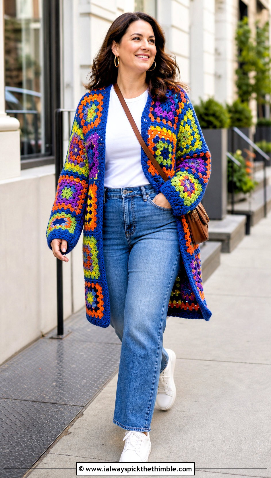 Multicolor Patchwork Granny Square Long Cardigan With Straight Leg Jeans - 20 crochet granny square long cardigan outfit ideas