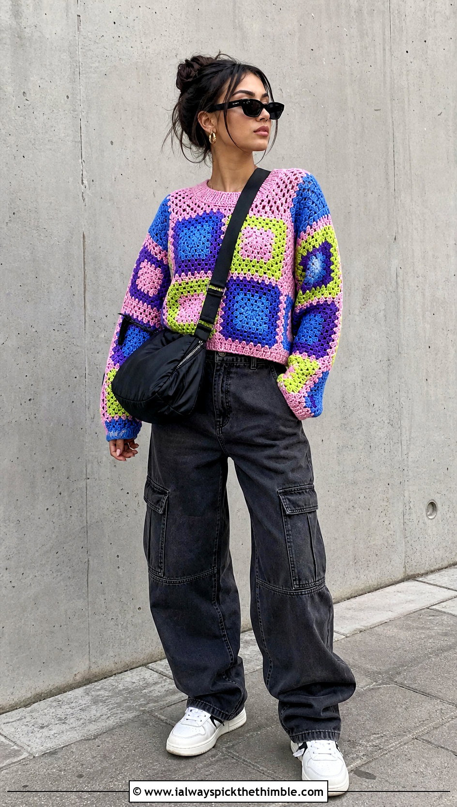 Multicolor Patchwork Granny Square Pullover With Cargo Pants - 25 granny square pullover outfit ideas