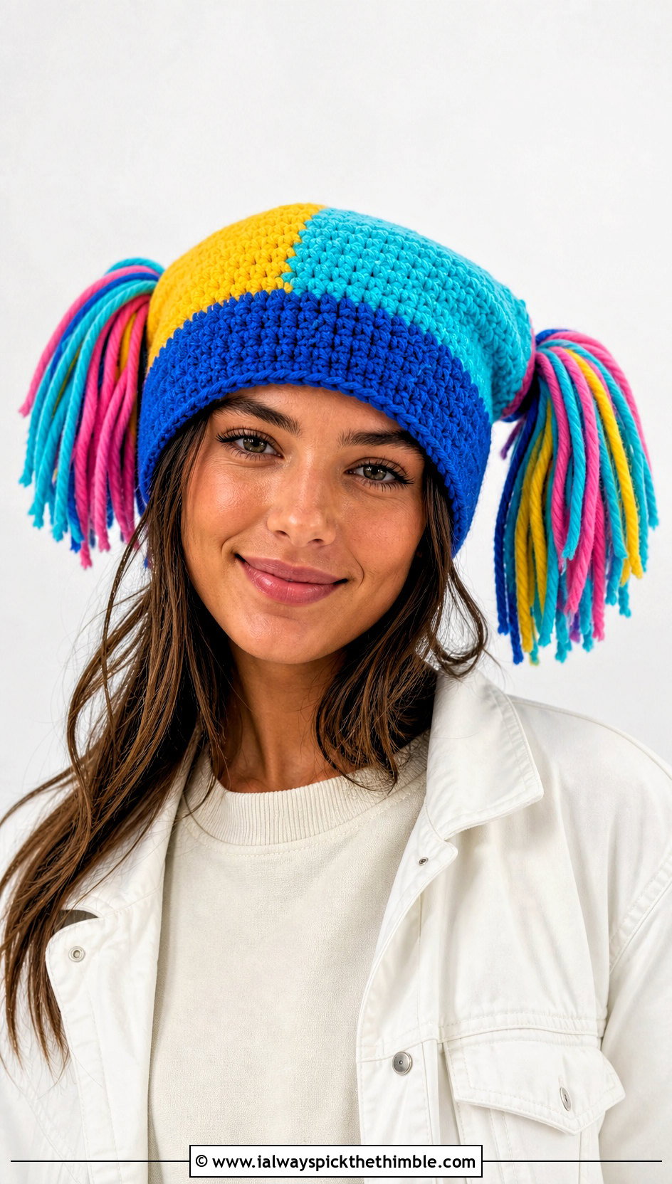Multicolor Pigtail Cabbage Patch Crochet Hat With White Workwear - 20 Cabbage Patch Crochet Hat outfit ideas