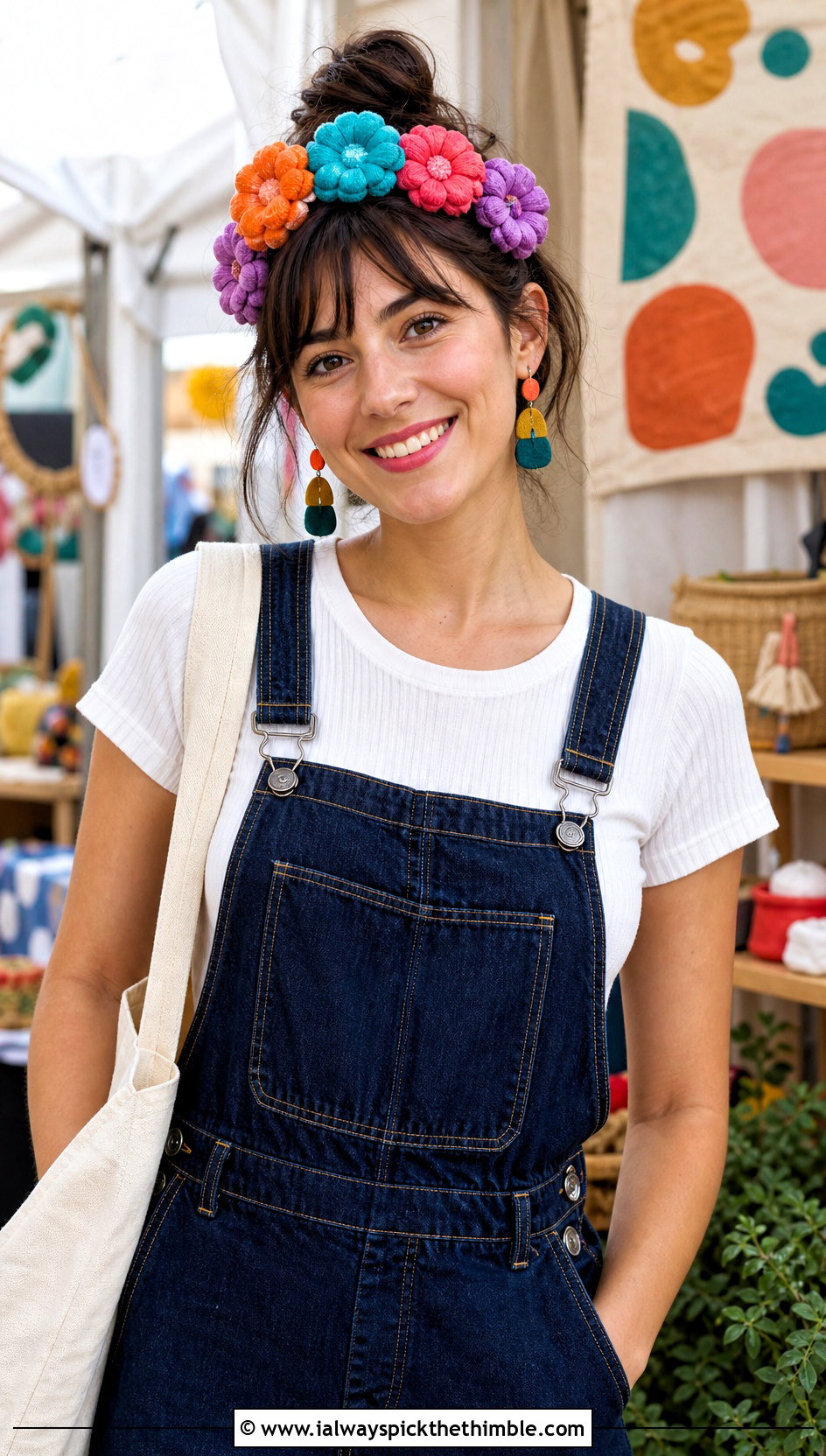 Multicolor Puff Flower Headband With Denim Overalls - 20 crochet puff flower headband outfit ideas