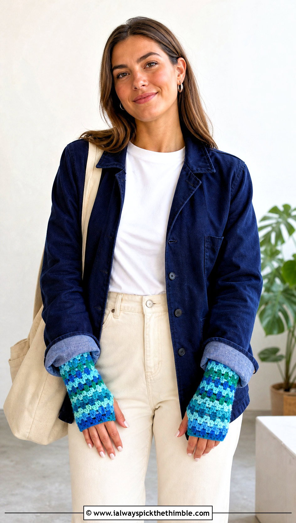 Multicolor Puff Stitch Fingerless Gloves With Chore Jacket - 15 Crochet Puff Stitch Fingerless Gloves outfit ideas