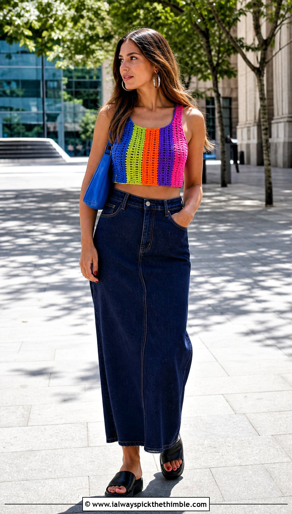 Multicolor Rainbow Ribbed Crochet Crop Top With Denim Maxi Skirt - 20 multi color crochet top outfit ideas