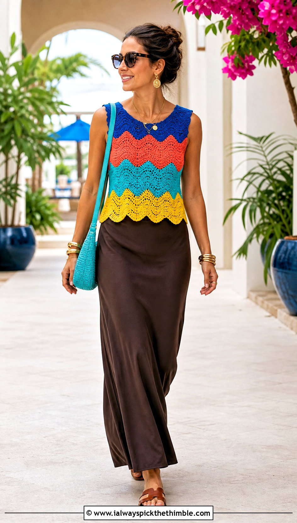 Multicolor Ripple Stitch Crochet Top With Maxi Skirt - 25 multicolor crochet top outfit ideas