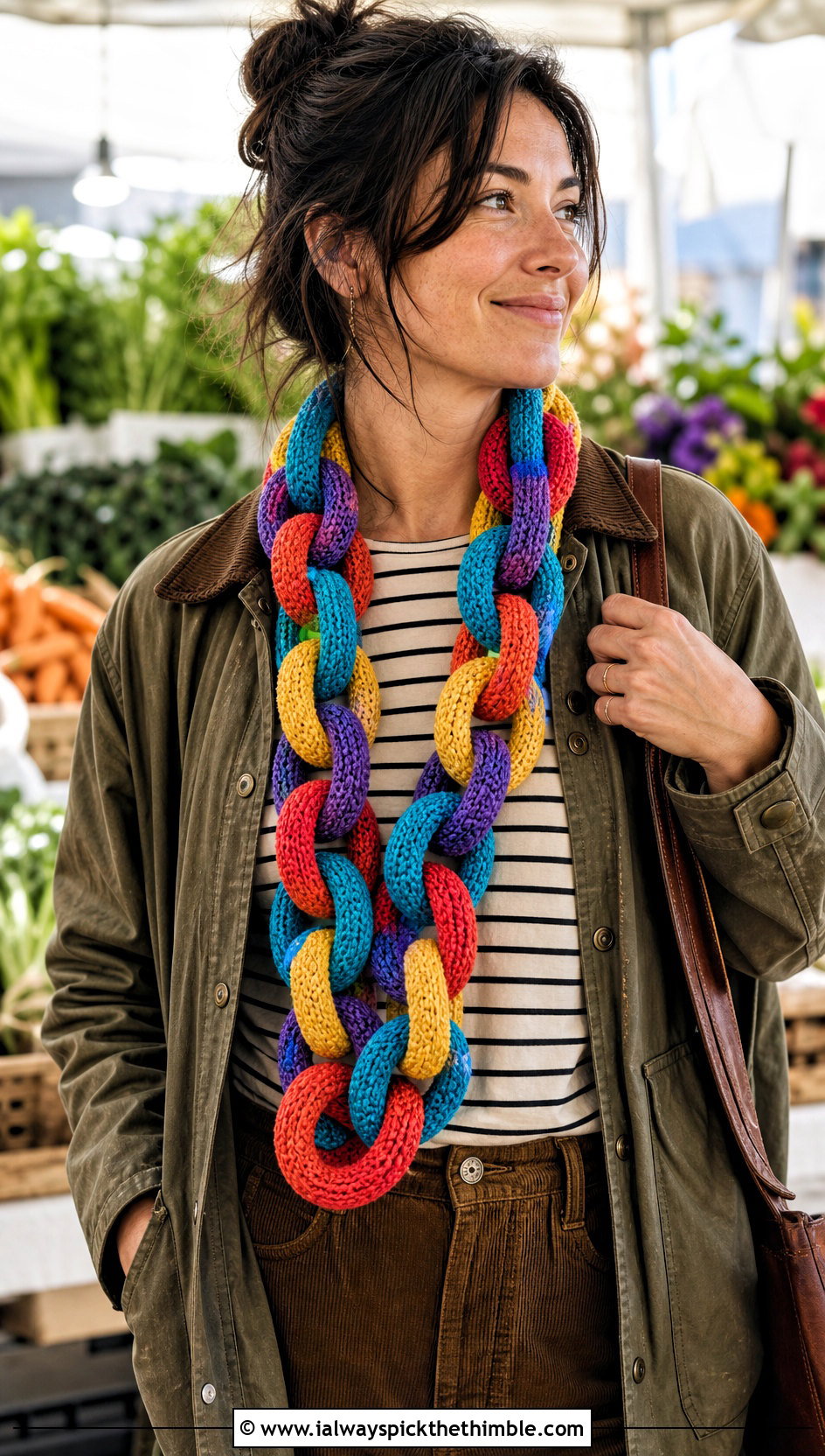 Multicolor Scrap Yarn Chain Link Scarf With Barn Jacket - 20 Crochet Chain Link Scarf outfit ideas