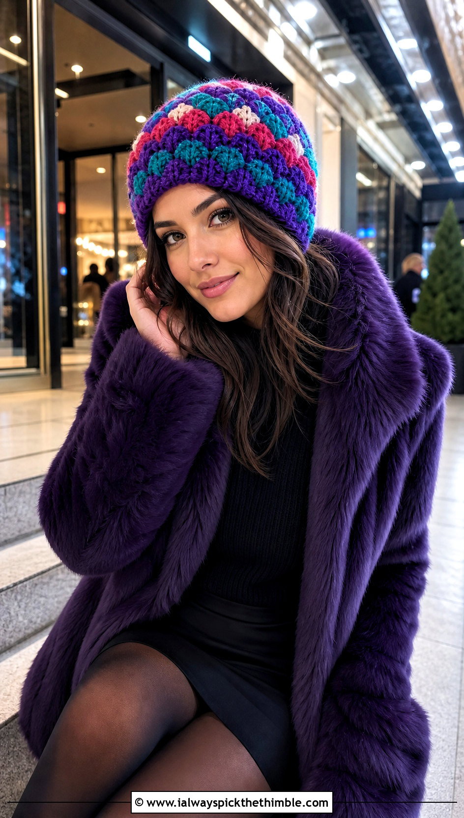 Multicolor Shell Stitch Beanie With Faux Fur Coat And Mini Skirt - 20 shell crochet beanie outfit ideas