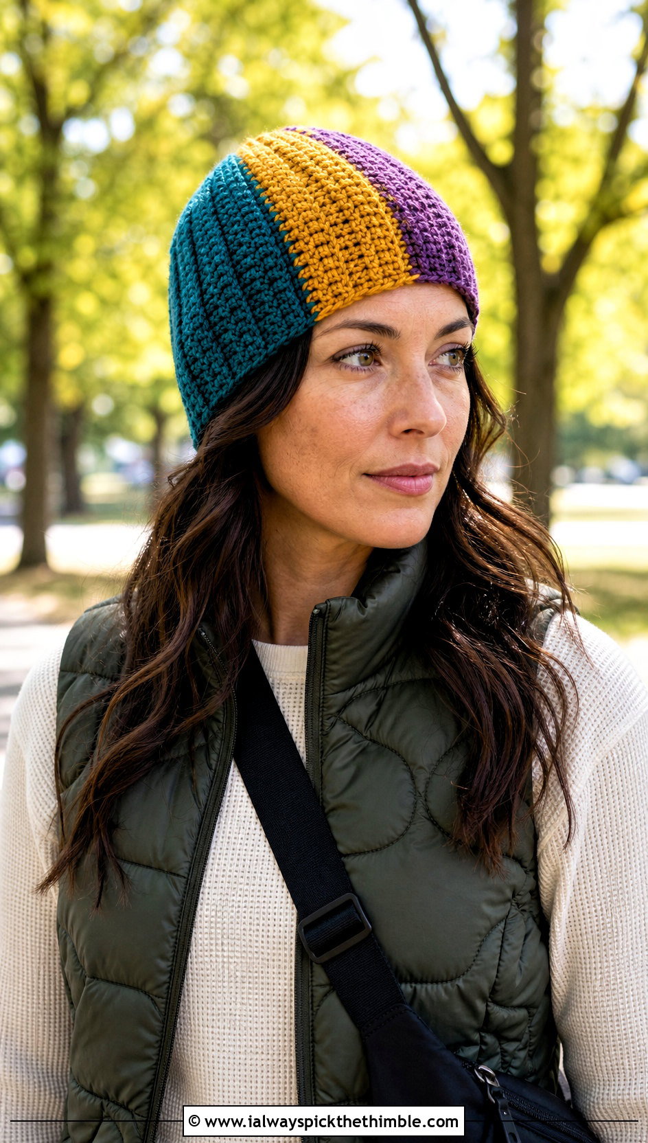 Multicolor Short Row Beanie With Quilted Vest - 20 Crochet Short Row Beanie outfit ideas