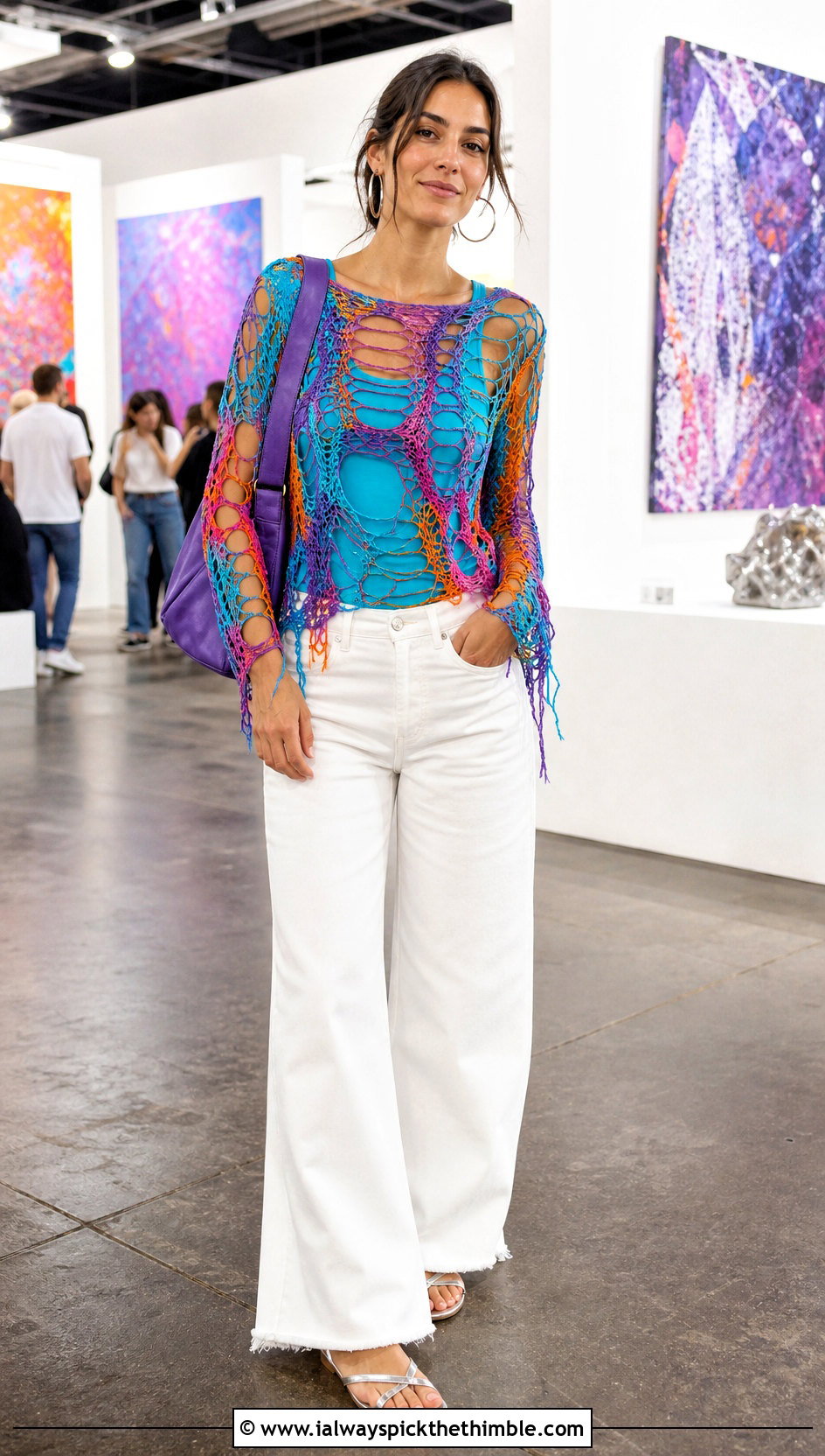 Multicolor Shredded Crochet Top With White Jeans - 20 Ripped Crochet Top outfit ideas