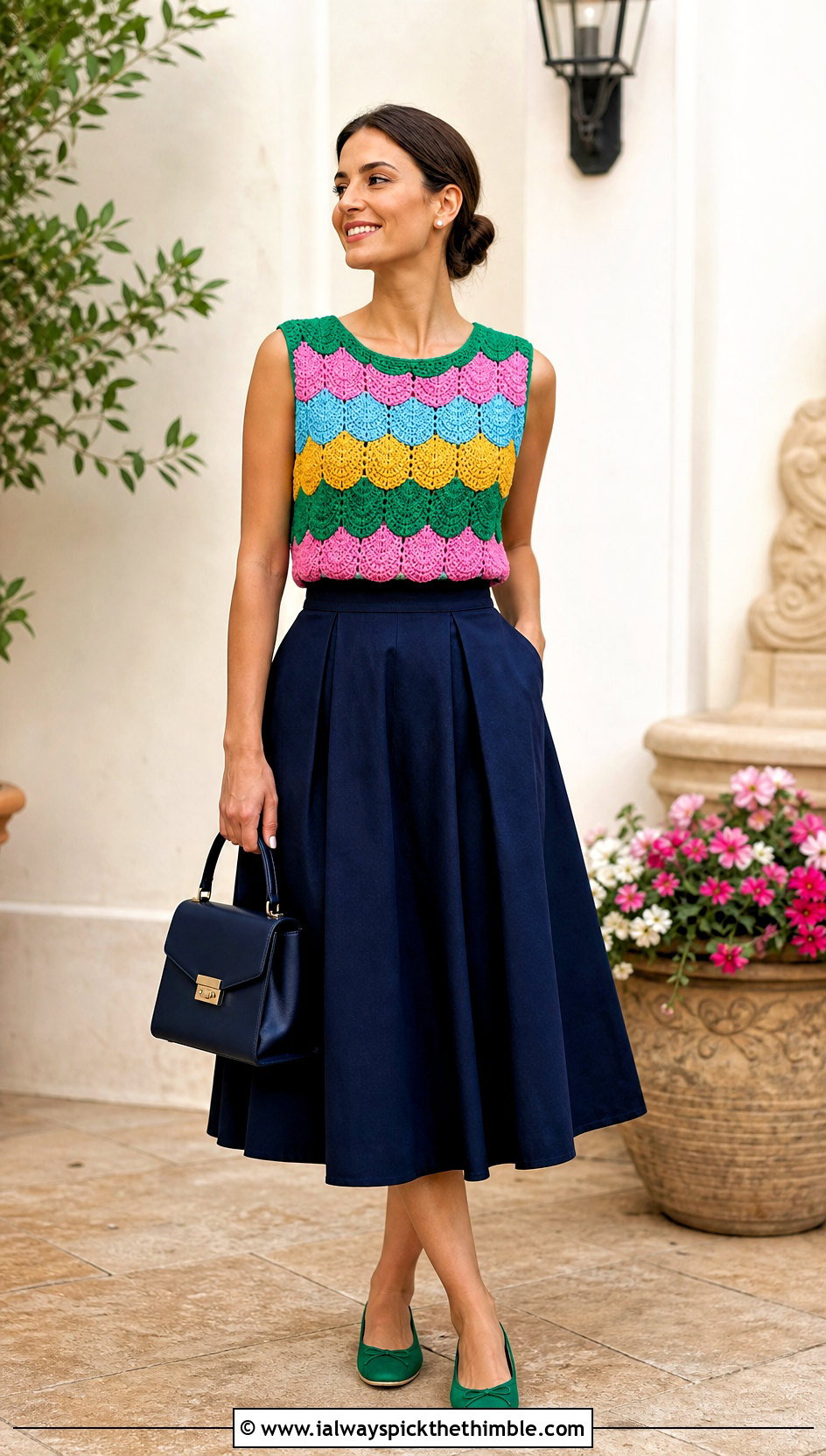 Multicolor Sleeveless Crochet Shell With A Line Skirt - 25 multicolor crochet top outfit ideas