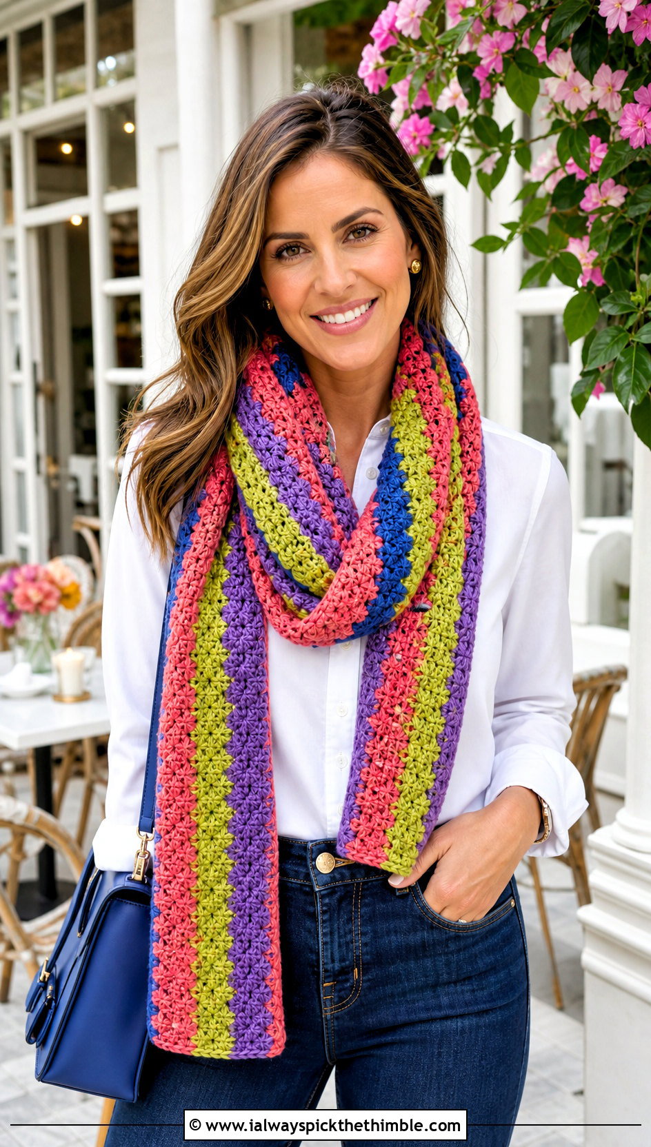 Multicolor Star Stitch Scarf With White Shirt And Jeans - 20 Crochet Star Stitch Scarf outfit ideas
