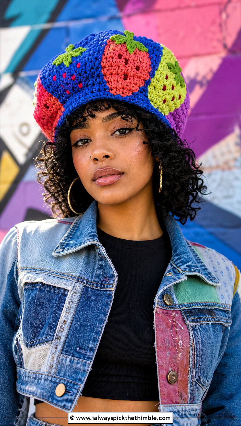 Multicolor Strawberry Crochet Beret With Patchwork Denim - 20 strawberry crochet beret outfit ideas