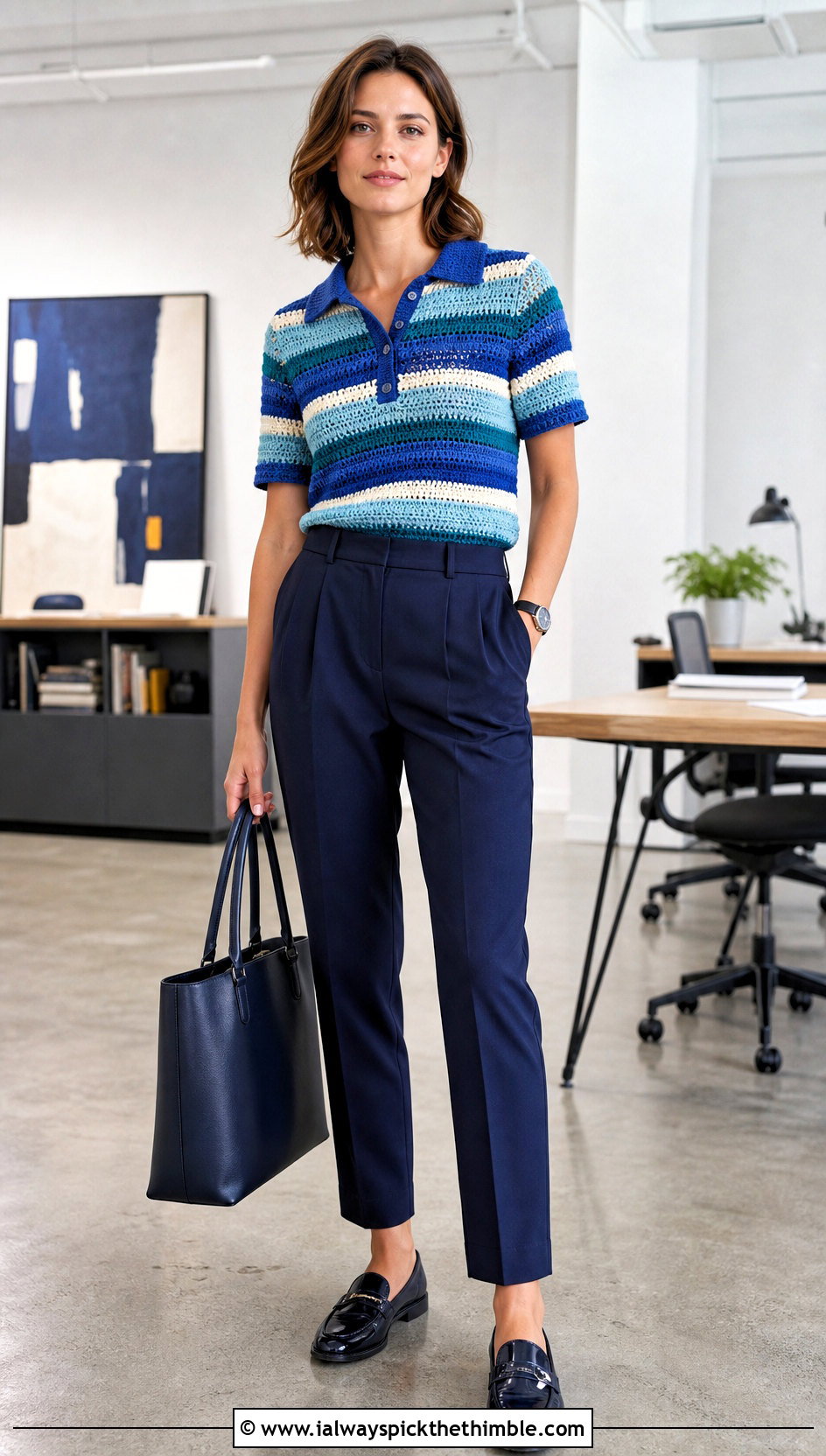 Multicolor Striped Crochet Polo Top With Tailored Trousers - 20 multi color crochet top outfit ideas