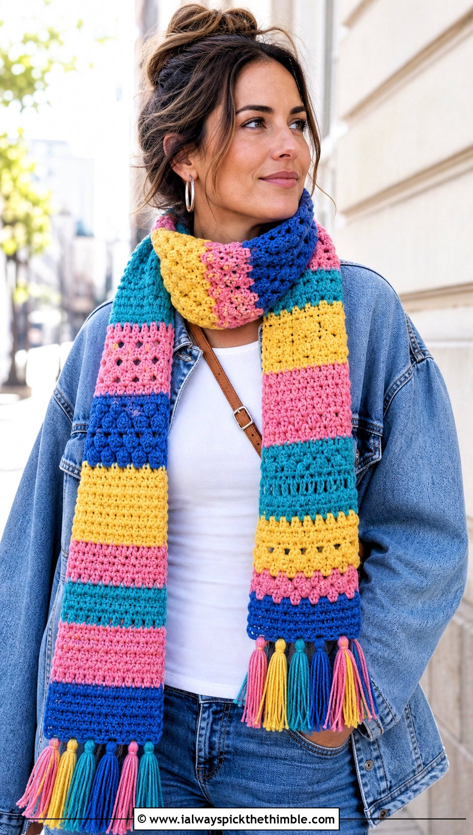 Multicolor Striped Stitch Sampler Scarf With Denim Jacket - 20 Crochet Stitch Sampler Scarf outfit ideas