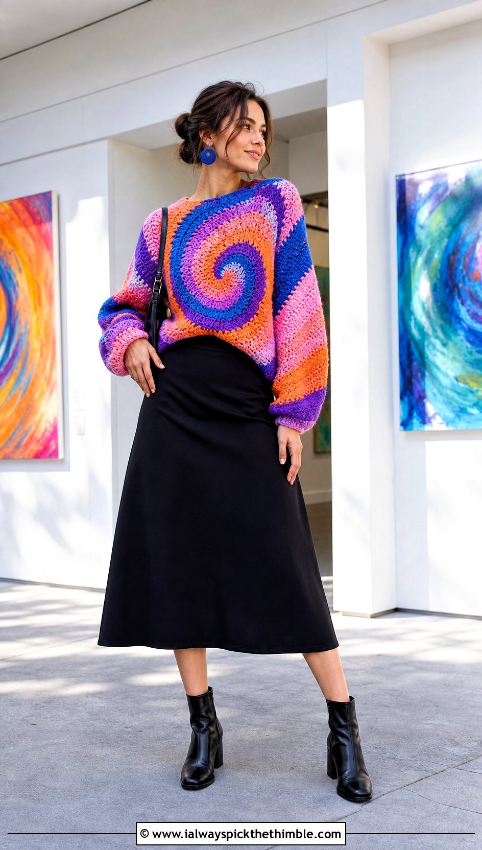 Multicolor Swirl Crochet Sweater With Black Midi Skirt - 20 swirl crochet sweater outfit ideas