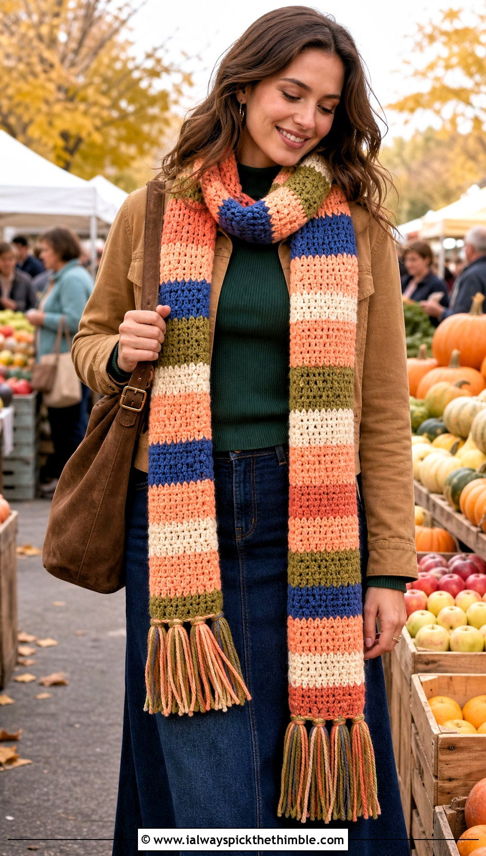 Multicolor Tasseled Tom Baker Scarf With Denim Maxi Skirt - 15 crochet tom baker scarf outfit ideas