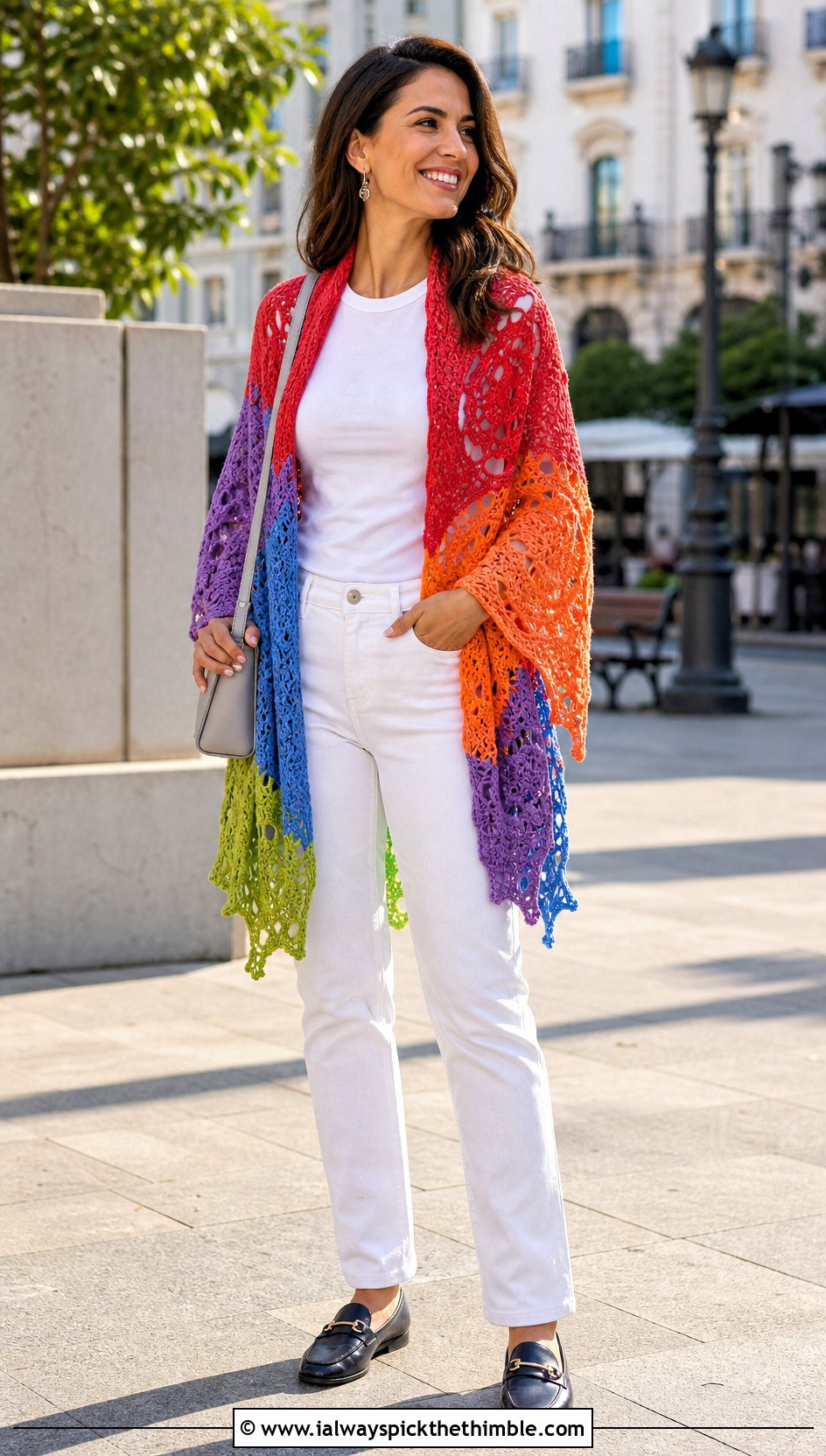 Multicolor Virus Shawl With White Jeans And Loafers - 25 crochet virus shawl outfit ideas