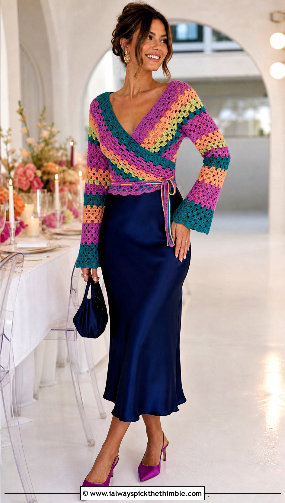 Multicolor Wrap Crochet Top With Slip Skirt - 25 multicolor crochet top outfit ideas
