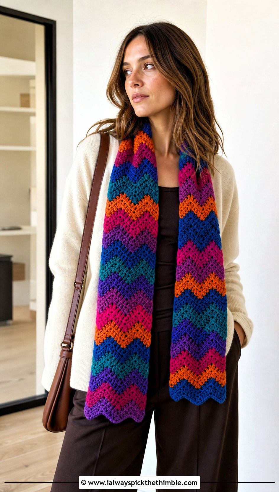 Multicolor Zig Zag Crochet Scarf With Neutral Cardigan - 20 Crochet Zig Zag Scarf outfit ideas
