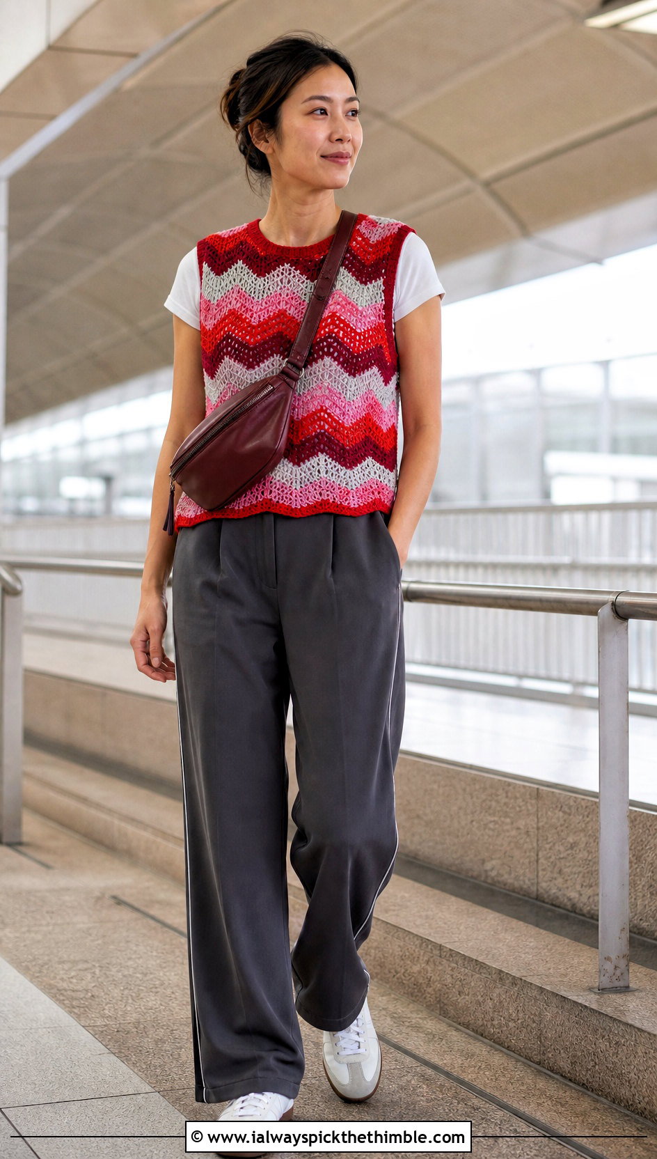 Multicolor Zigzag Crochet Sleeveless Sweater Top With Track Pants - 20 multi color crochet top outfit ideas