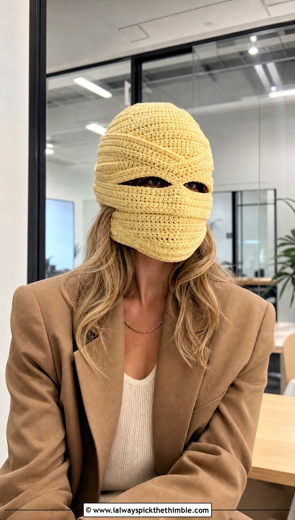 Mummy Wrap Crochet Beanie With Office Trousers - 20 Halloween Crochet Beanies outfit ideas