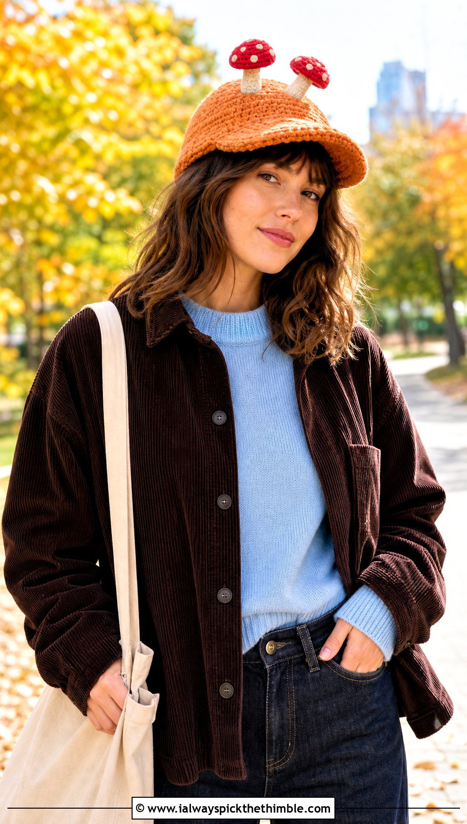Mushroom Amigurumi Baseball Cap With Corduroy Overshirt - 20 amigurumi baseball cap outfit ideas