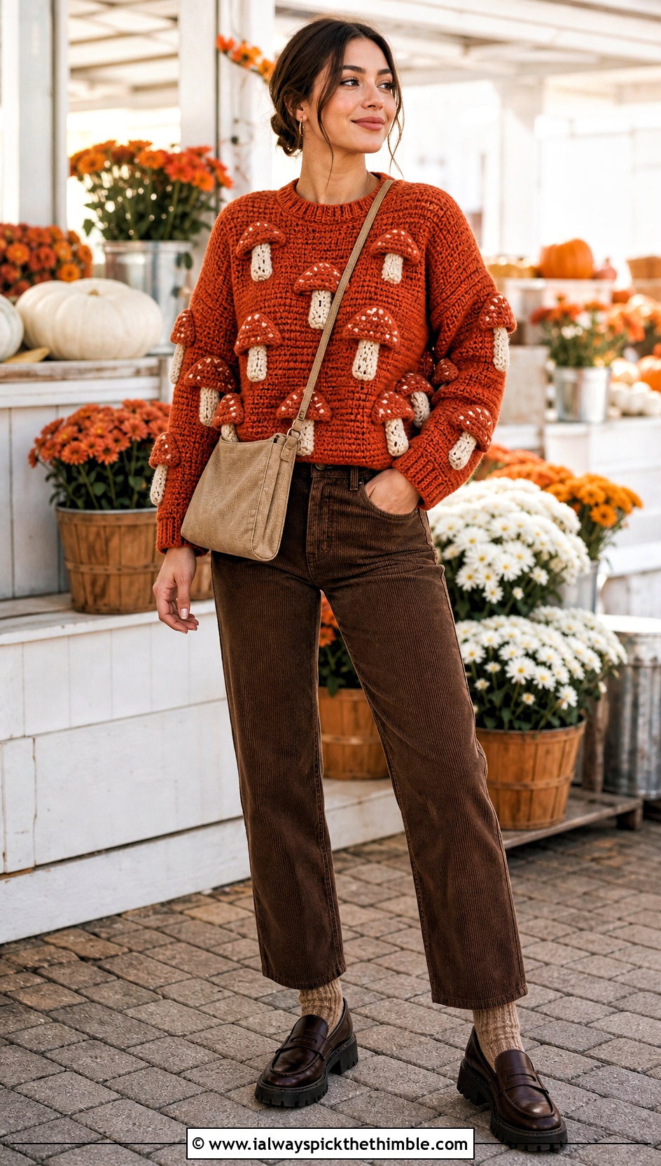 Mushroom Amigurumi Sweater With Corduroy Pants - 20 amigurumi sweater outfit ideas