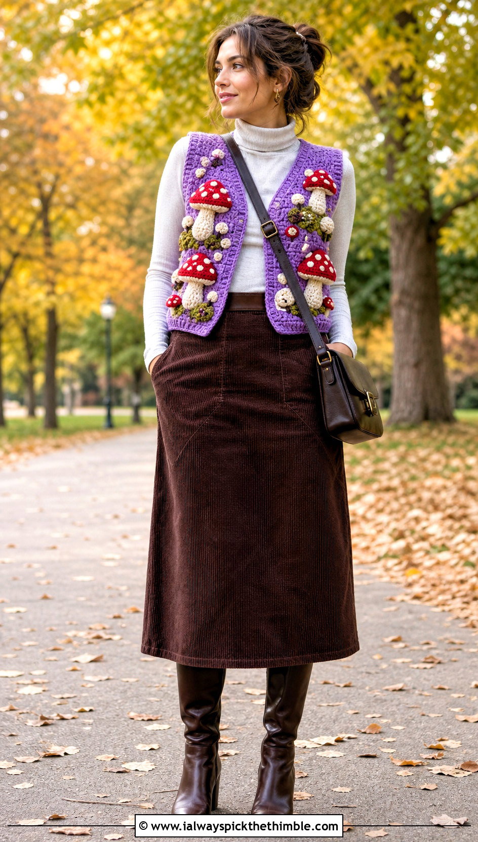 Mushroom Amigurumi Vest With Turtleneck And Corduroy Skirt - 15 Crochet Amigurumi Vest outfit ideas