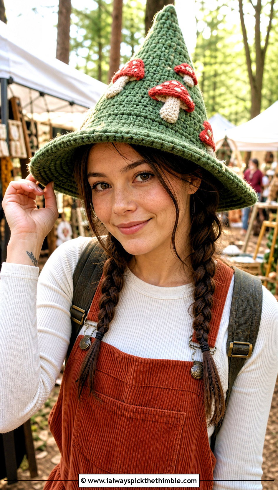 Mushroom Applique Crochet Witch Hat With Corduroy Overalls - 25 crochet witch hat outfit ideas
