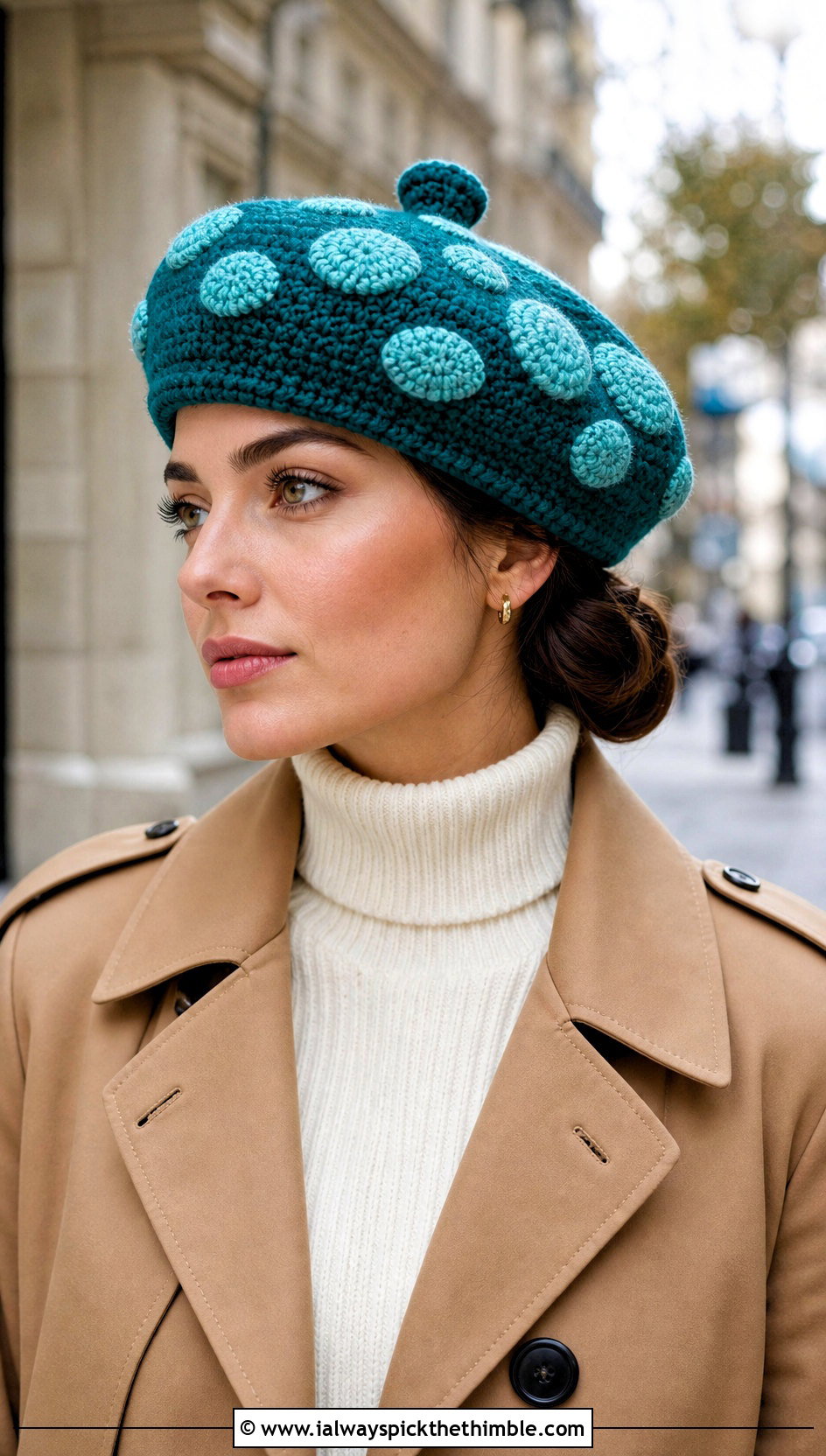 Mushroom Beret Crochet Cap With Trench Coat - 20 Mushroom Crochet Cap outfit ideas