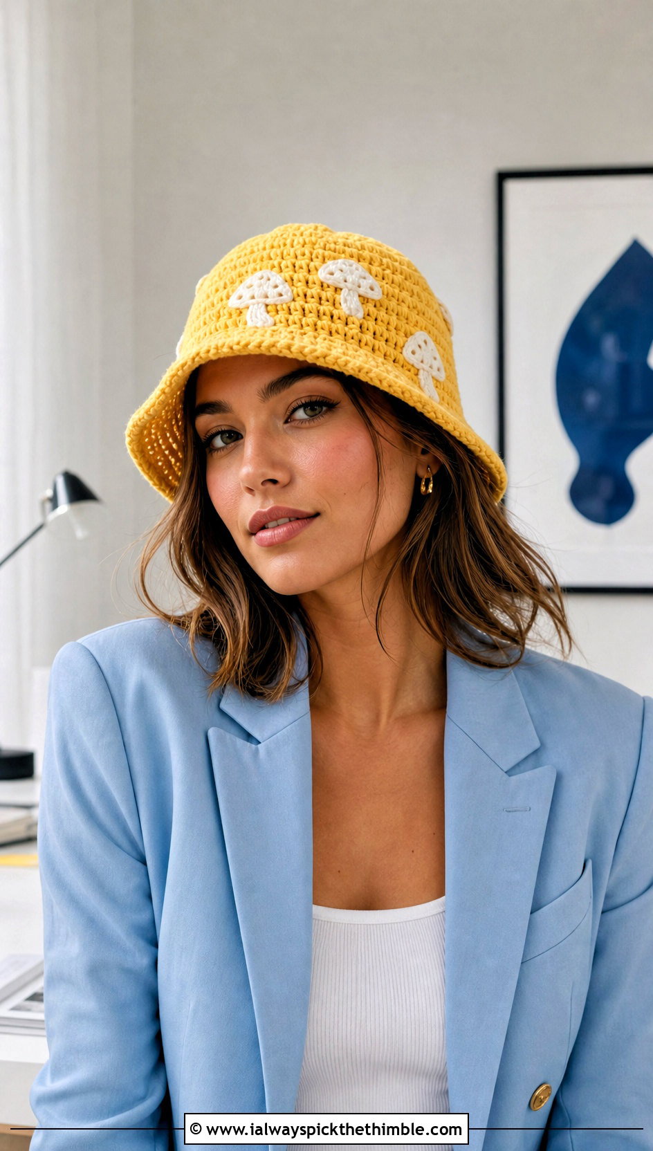 Mushroom Bucket Crochet Cap With Tailored Suit - 20 Mushroom Crochet Cap outfit ideas