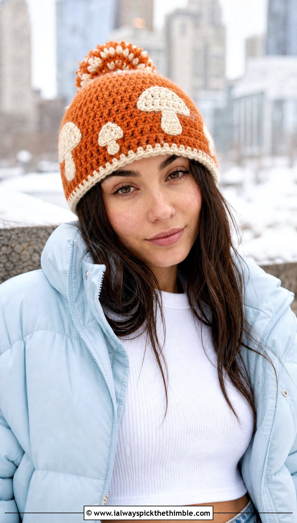 Mushroom Crochet Beanie With Puffer Jacket - 20 mushroom crochet hat outfit ideas
