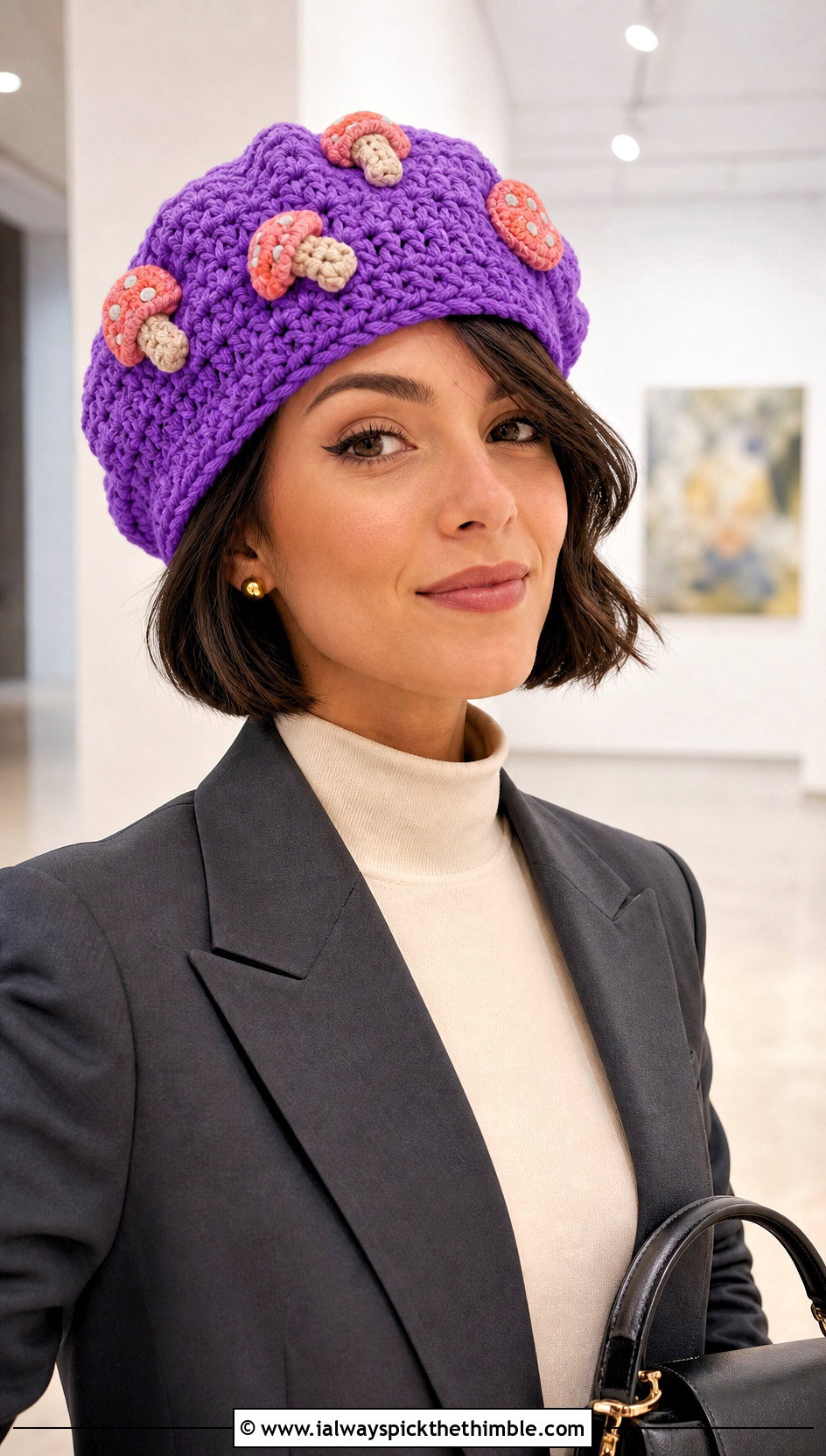 Mushroom Crochet Beret With Tailored Trousers - 20 mushroom crochet hat outfit ideas