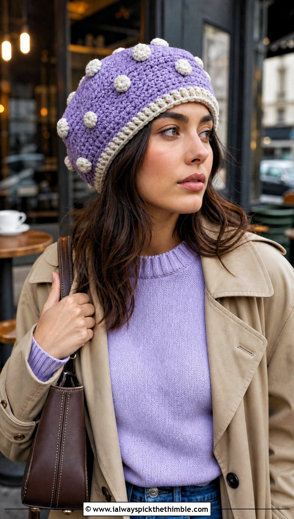Mushroom Crochet Beret With Trench Coat And Jeans - 20 funny crochet hat outfit ideas