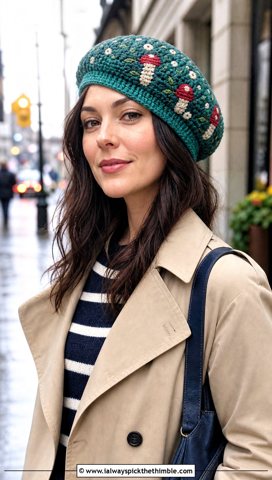 Mushroom Crochet Beret With Trench Coat - 25 crochet mushroom hat outfit ideas
