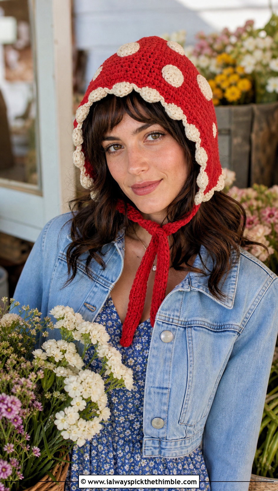 Mushroom Crochet Bonnet With Floral Midi Dress - 20 mushroom crochet hat outfit ideas