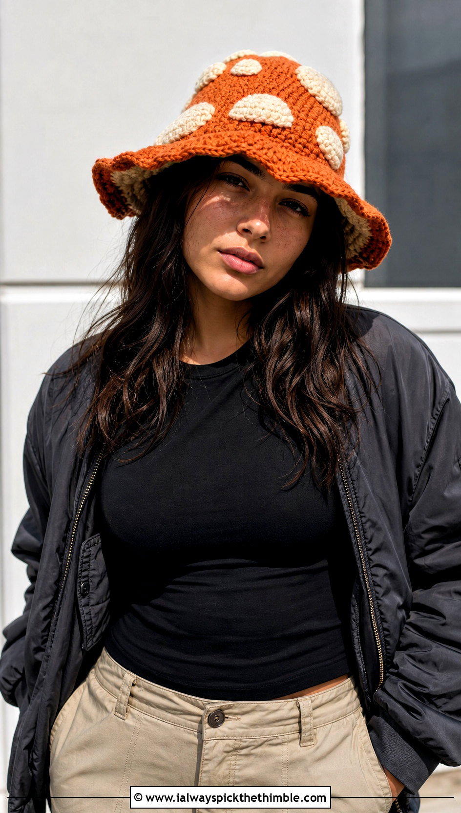 Mushroom Crochet Bucket Hat With Cargo Pants - 20 crochet funny hats outfit ideas