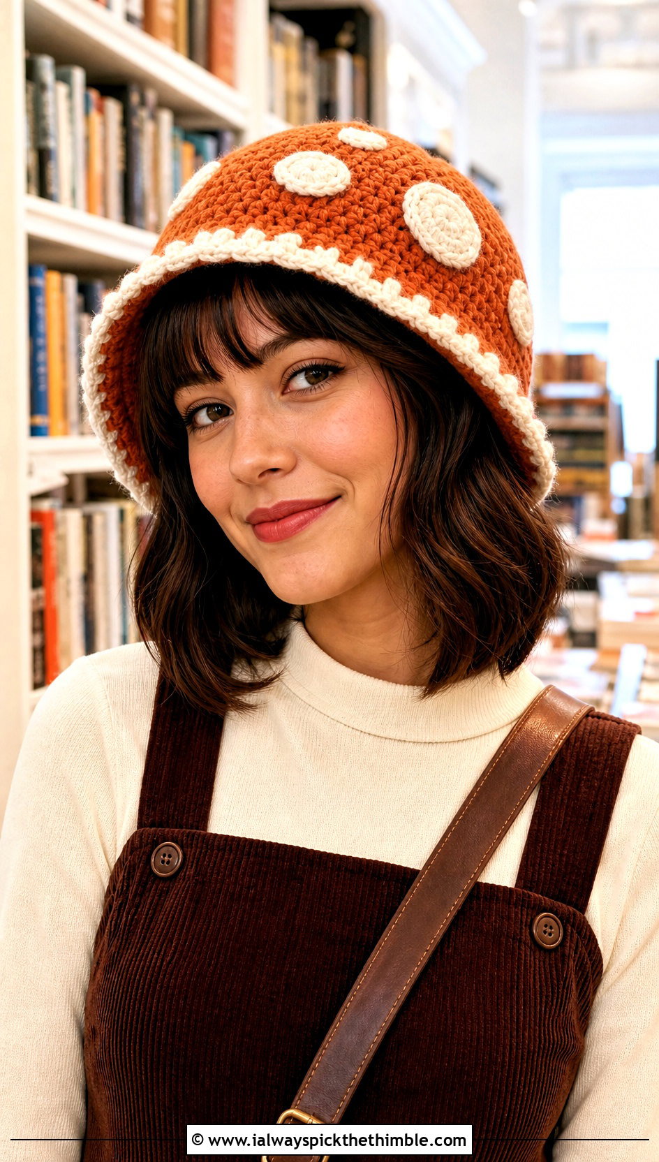 Mushroom Crochet Cap With Corduroy Dress - 20 Weird Crochet Hat outfit ideas