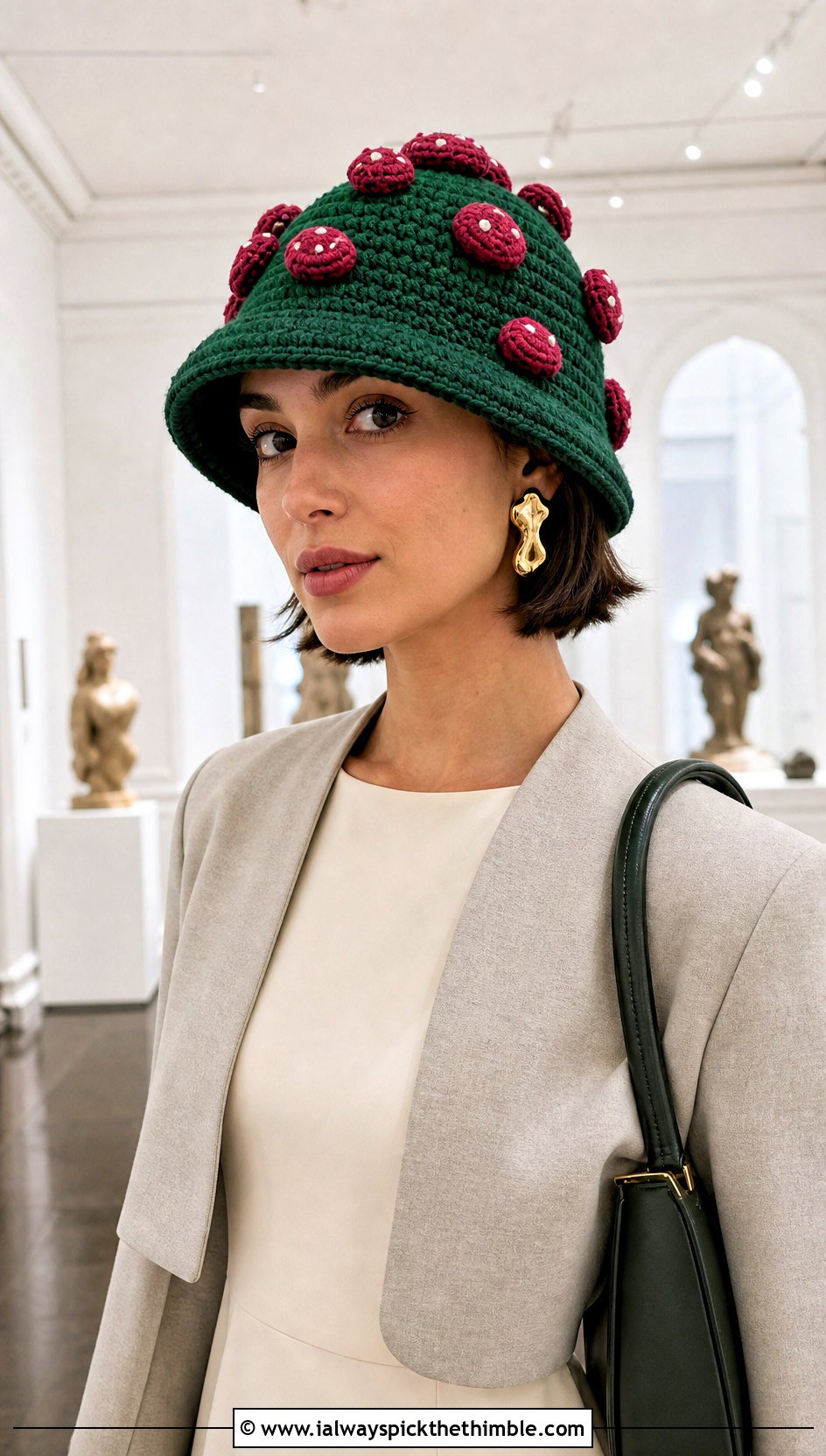 Mushroom Crochet Cloche Hat With Column Dress - 20 mushroom crochet hat outfit ideas
