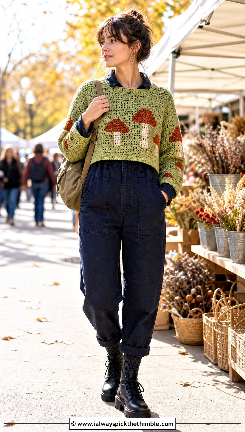 Mushroom Crochet Graph Sweater With Utility Jumpsuit - 20 crochet graph sweater outfit ideas