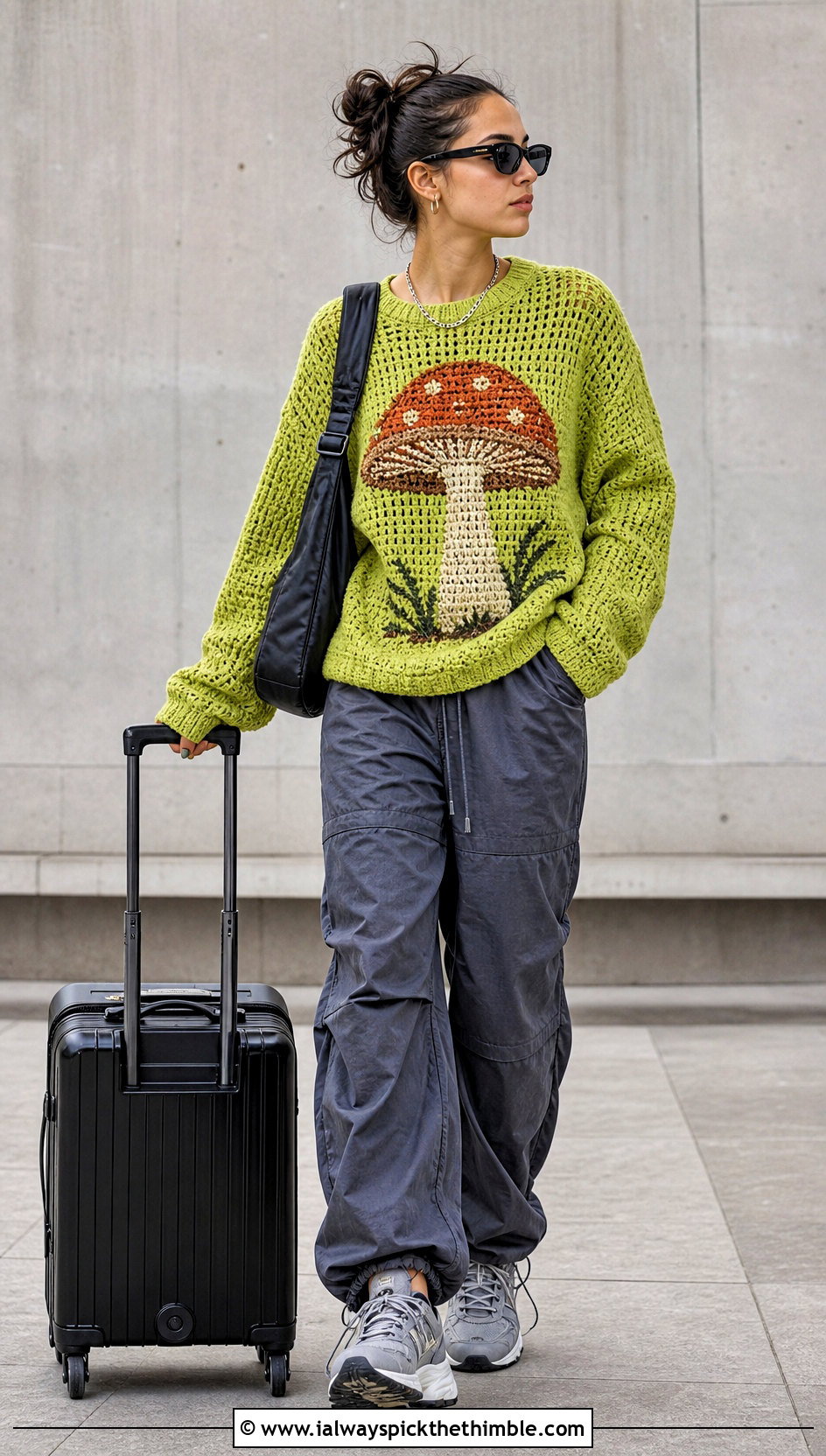 Mushroom Crochet Graphic Sweater With Parachute Pants - 20 crochet graphic sweater outfit ideas