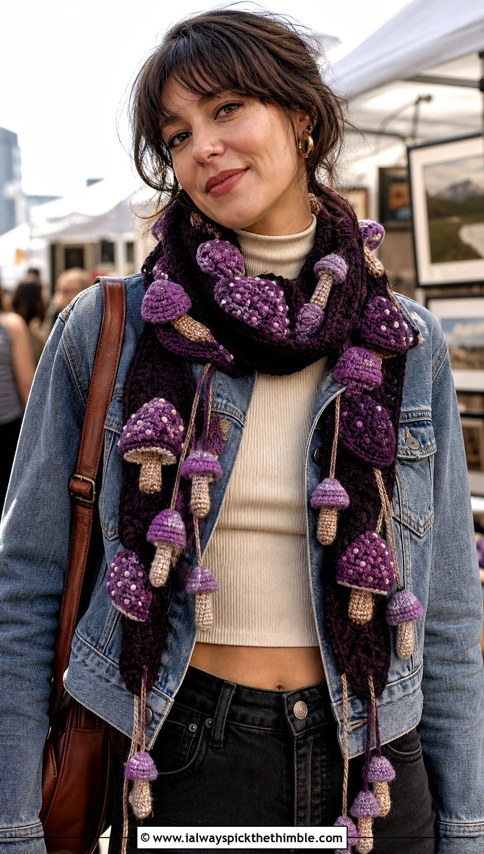 Mushroom Crochet Scarf With Corduroy Outfit - 15 Funny Crochet Scarves outfit ideas