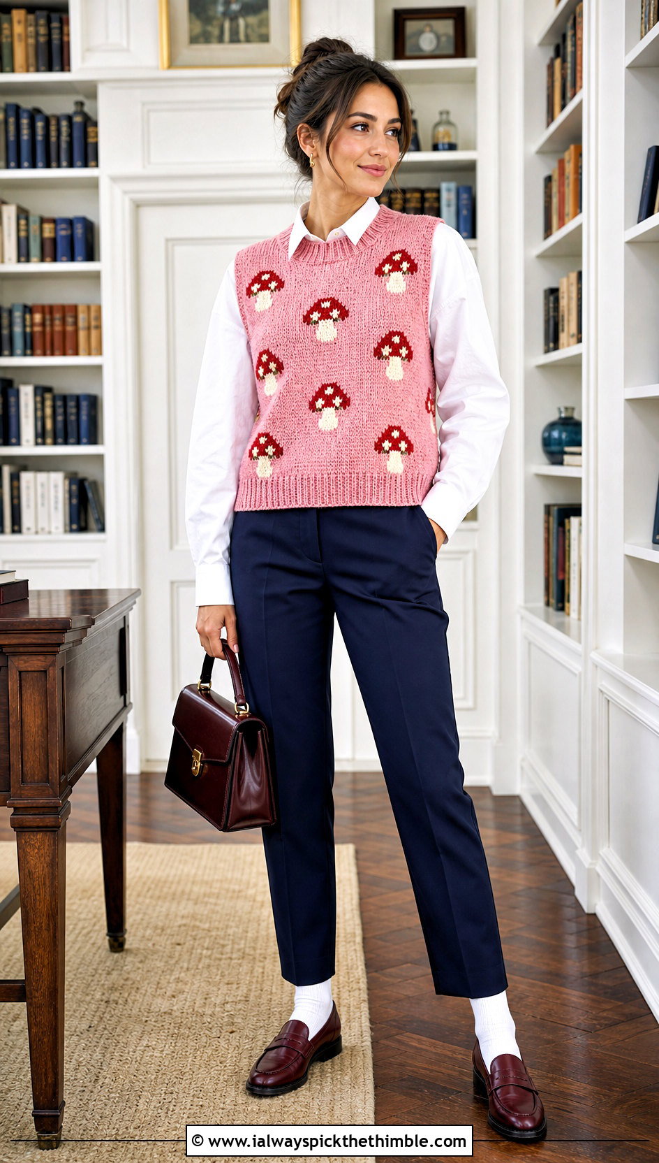 Mushroom Crochet Sweater Vest With Oxford Shirt And Loafers - 20 mushroom crochet sweater outfit ideas