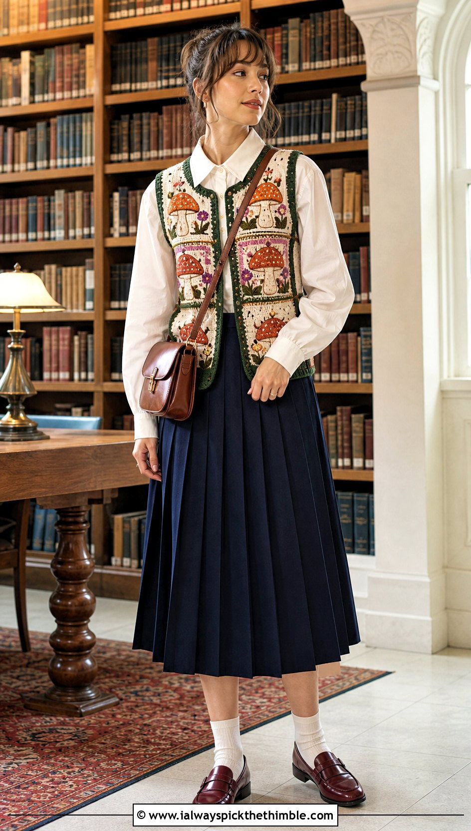 Mushroom Crochet Vest With Oxford Shirt And Pleated Skirt - 25 fantasy crochet clothes and outfit ideas