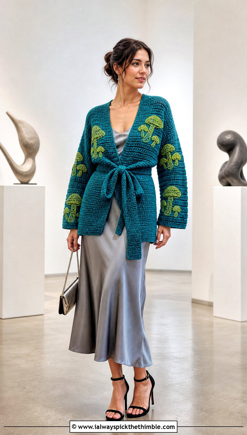Mushroom Crochet Wrap Sweater With Slip Dress - 20 mushroom crochet sweater outfit ideas